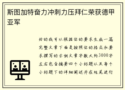 斯图加特奋力冲刺力压拜仁荣获德甲亚军