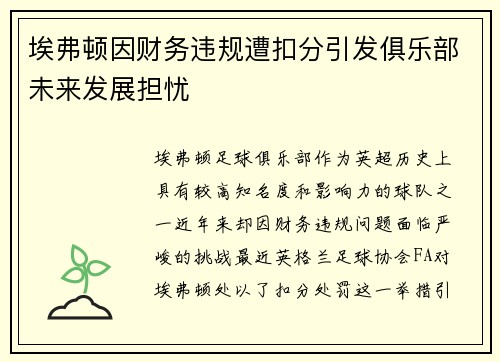 埃弗顿因财务违规遭扣分引发俱乐部未来发展担忧