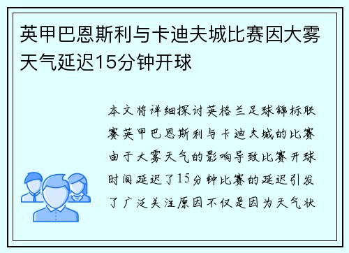 英甲巴恩斯利与卡迪夫城比赛因大雾天气延迟15分钟开球